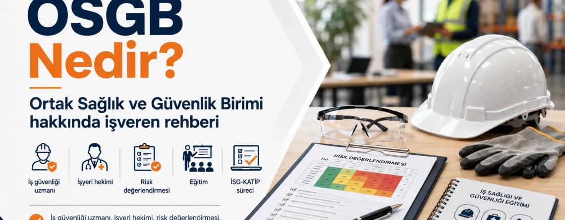 OSGB nedir sorusunu anlatan iş güvenliği ekipmanları, risk değerlendirmesi dokümanı ve işyeri hekimi hizmeti görseli