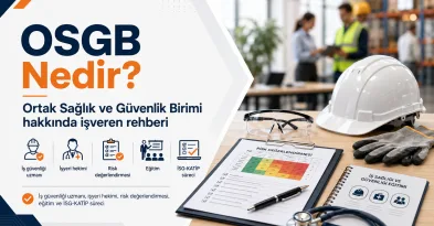 OSGB nedir sorusunu anlatan iş güvenliği ekipmanları, risk değerlendirmesi dokümanı ve işyeri hekimi hizmeti görseli